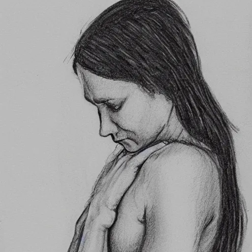 Prompt: black and white pencil sketch of a woman bending and crying into her arms in a bathroom
