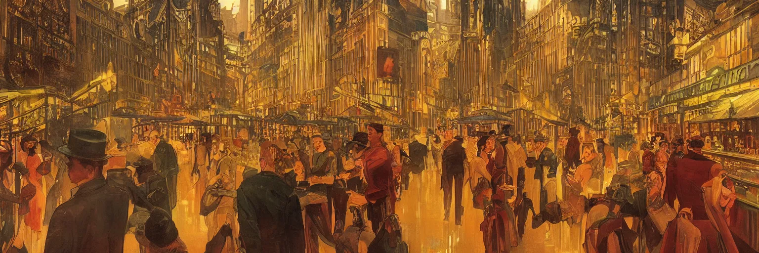 Prompt: Babylon Berlin. Night. Crowded Art deco restaurant. Berlin, late golden 1920s. Gropius. Metropolis. Mist. Highly detailed. Hyper-realistic. Cheerful. Merry mood. Warm colors. Dynamic composition. Matte painting in the style of Eddie Mendoza, Alphonse Mucha