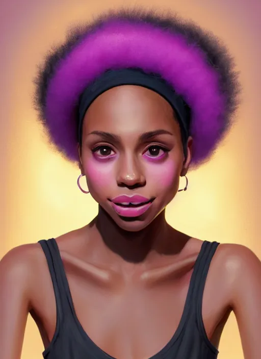 Image similar to portrait of vanessa morgan, black teenage girl, pink hair, wavy pixie haircut, purple newsboy cap, fluffy pink hair coming out from under cap, hoop earrings, subtle confident smile, intricate, elegant, glowing lights, highly detailed, digital painting, artstation, concept art, sharp focus, illustration, art by wlop, mars ravelo and greg rutkowski