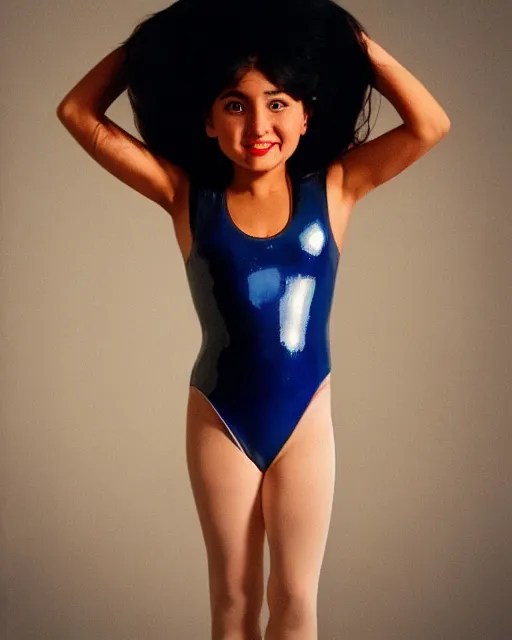 Prompt: andrea meza as an unbelievably beautiful cute young actress in latex leotard, perfect, dynamic, epic, cinematic movie shot of a close full body portrait, expressing joy. inspirational arthouse, high budget, hollywood style, at behance, at netflix, instagram filters, photoshop, adobe lightroom, adobe after effects, taken with polaroid kodak portra