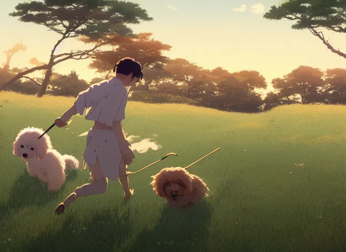 Image similar to japan 1 9 2 0's, young adult playfully chased by his goldendoodle dog on a green meadow, golden hour, finely detailed perfect art, gapmoe yandere grimdark, trending on pixiv fanbox, painted by greg rutkowski makoto shinkai takashi takeuchi studio ghibli