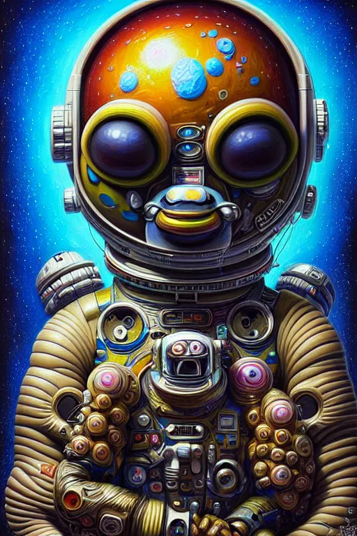 Prompt: hyper - maximalist overdetailed painting of an astronaut by naoto hattori. artstation. deviantart. cgsociety. inspired by beastwreckstuff and jimbo phillips. fantasy infused lowbrow style. hyperdetailed high resolution render by binx. ly in discodiffusion. dreamlike polished render by machine. delusions. sharp focus.