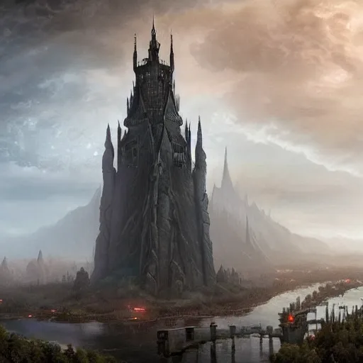 Image similar to an ultra detailed matte painting of a lonely and impossibly tall ominous gothic dark citadel tower of the evil patriarch, in the style of magic the gathering, in a river elevated high above the city, gaslight fantasy capital city, ultrawide lense, aerial photography, scary thunderstorm, exquisite detail, 8 k, art by greg rutkowski and alphonse mucha