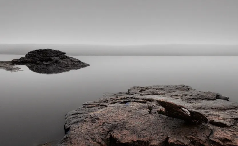 Image similar to extreme low angle camera lens partially submerged in water showing the surface of a lake with a rocky lake shore in the foreground, scene from a film directed by charlie kaufman ( 2 0 0 1 ), foggy volumetric light morning, extremely moody, cinematic trending on artstation in the style of greg rutkowski, shot on anamorphic lenses