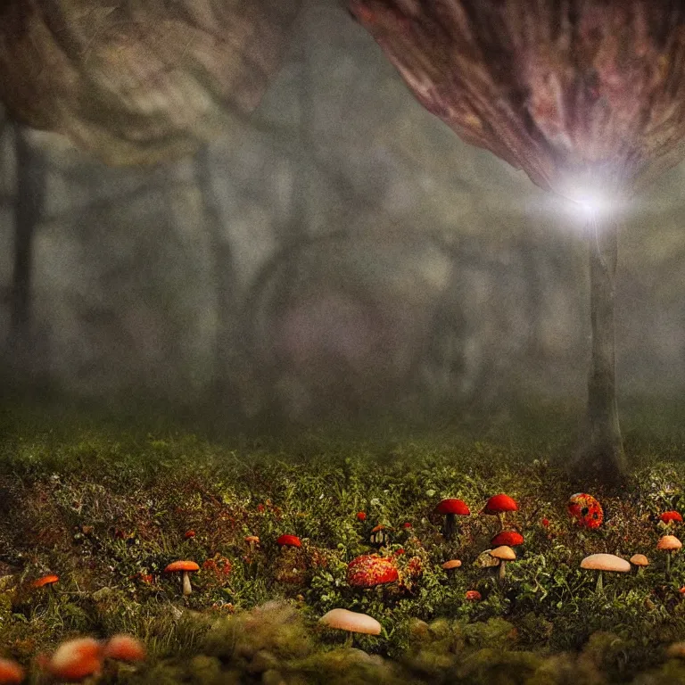 Image similar to a planet of various fungus, mushrooms, flowers and plants, inside the picture is infinity, Atmospheric, artistic photography, conceptual, long exposure outside the city, volumetric light