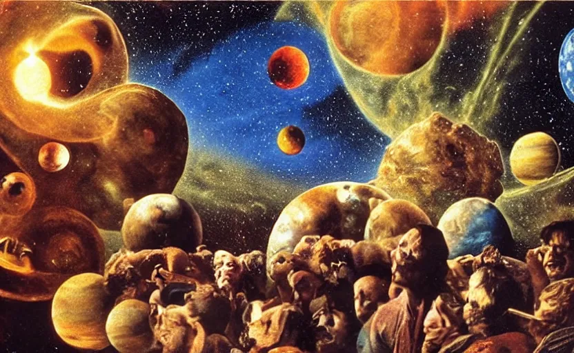 Prompt: scene from cosmologica ( 1 9 6 9 ), a movie by luchino visconti terry gilliam showing a man played by mastroianni leaving the medieval cosmos to enter the new modern universe in the style of ( ( ( renaissance cosmological painting ) ) ). blue sky with a lot of stars and planets. cinematic, technicolor, direct lighting