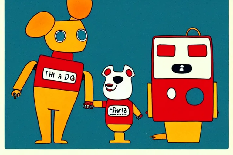 Image similar to ( ( ( ( ( ( ( a robot and a dog ) ) ) ) ) ) ) by richard scarry!!!!!!!!!!!!!! muted colors