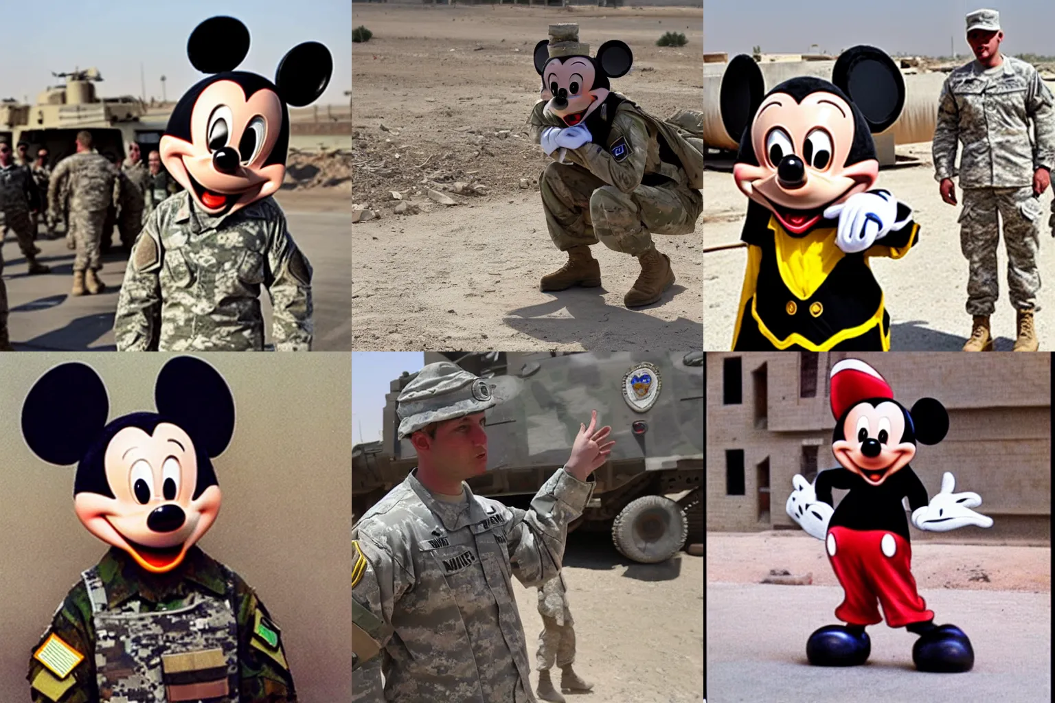 Prompt: Mickey Mouse as a US soldier deployed in Iraq