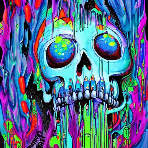 Image similar to drippy, dripping paint, skull, trippy, glitch, miyazaki style, exaggerated accents