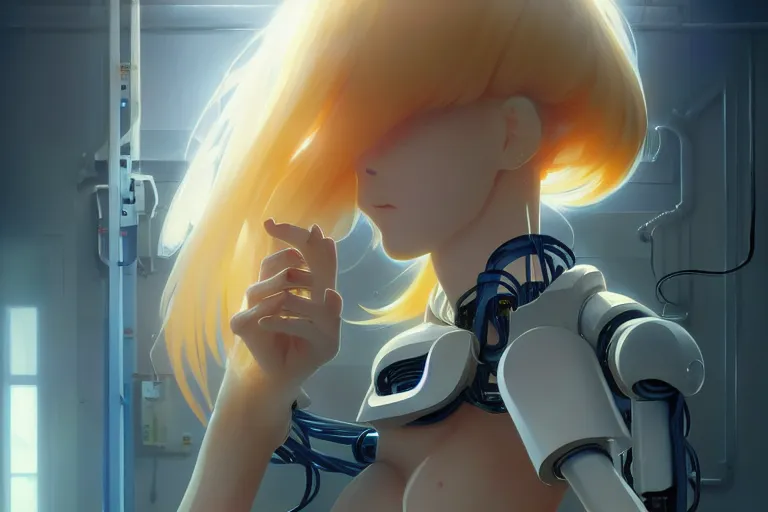 Image similar to datacenter room connects cables young robot server android baroque oil painting finely detailed perfect face flowing long fiberoptics blonde hair robot eyes blue. anime shinkai takeuchi key visual of character concept art metal female robot body suit pixiv fanbox, painted by greg rutkowski