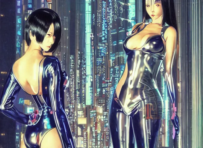 Image similar to cyberpunk japanese women with black eyes and pretty face wearing latex catsuit and lots of transparent and cellophane accessories, blue hour, crisp, painting by moebius and mayumi hosokura