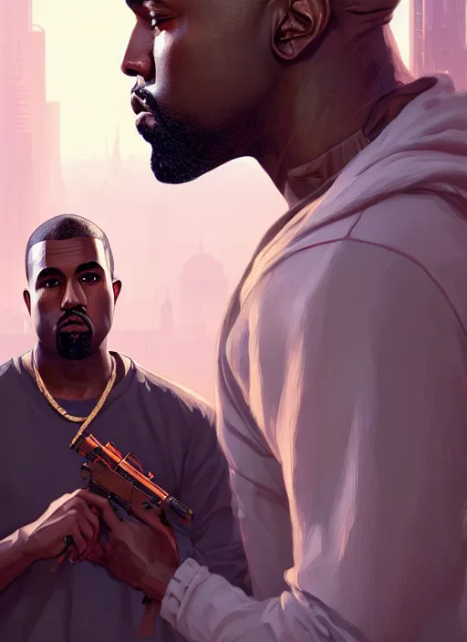 Image similar to highly detailed portrait kanye holding ak in gta v stephen bliss unreal engine fantasy art by greg rutkowski loish rhads ferdinand knab makoto shinkai lois van baarle ilya kuvshinov rossdraws tom bagshaw global illumination radiant light detailed intricate environment