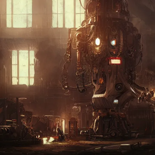 Image similar to adeptus mechanicus techpriest at a forge, by cedric peyravernay and feng zhu, highly detailed, excellent composition, cinematic concept art, dramatic lighting, trending on artstation