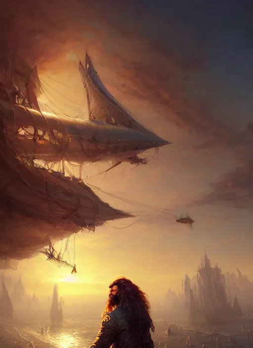 Prompt: portrait painting of a handsome rugged long hair crimson hair male pirate, soft hair steampunk ornate zeppelin blimp airship in the background sky sunset golden hour art by raphael lacoste and stephan martiniere greg rutkowski gaston bussiere fantasy soft hair trending on artstation deviantart book cover art concept art key art dramatic volumetric lighting, 4 k, award winning