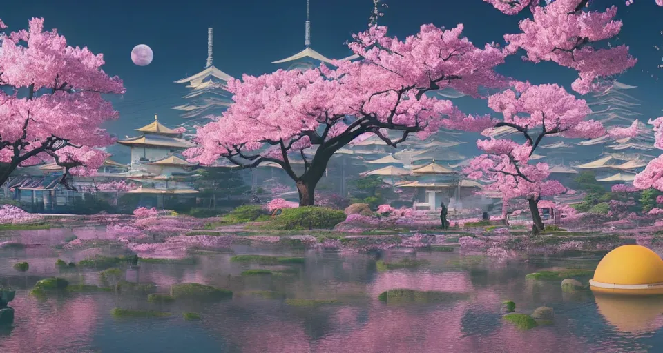 Image similar to Futuristic Japanese landscape with lots of Sakura blossoms and a temple, center composition, cinematic, rendered by simon stålenhag, rendered by Beeple, Makoto Shinkai, syd meade, environment concept, digital art, starwars, unreal engine, 3 point perspective, WLOP, trending on artstation, low level, 4K UHD image, octane render,