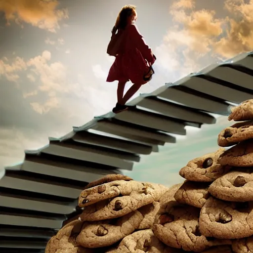 Image similar to a girl walking up an infinity staircase made of cookies in the clouds, digital art