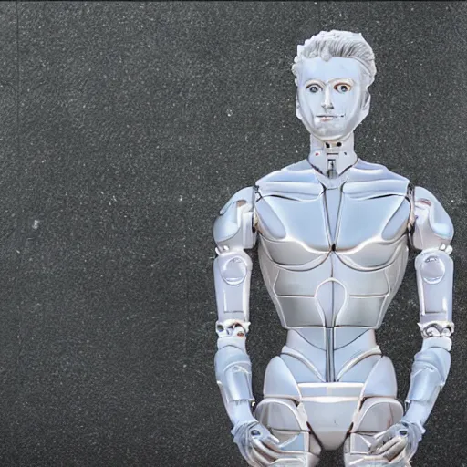 Image similar to made of ice, a realistic detailed photo of a guy who is an attractive humanoid who is half robot and half humanoid, who is a male android, on display, blank stare, showing off his muscles, shiny skin, posing like a statue, by the pool, frozen ice statue, twitch streamer / gamer ludwig, humanoid robot