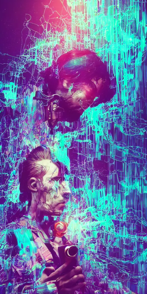 Image similar to man becomes controlled by a smartphone he gazes at while he played like a marionette, puppet, intricate complexity, horror, psychedelic glitch art, rainbow drip paint, trending on art station, photoreal, 8k, octane render