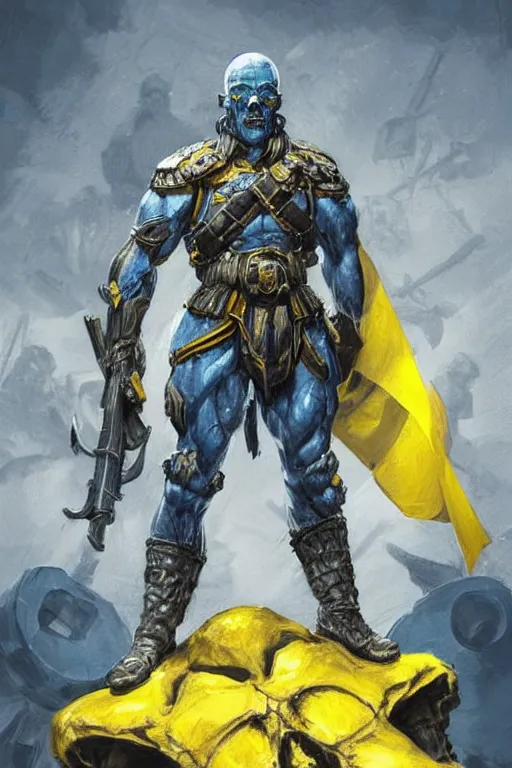 Image similar to a distant shot from below of a Ukrainian super soldier with blue and yellow flag behind him standing alone on a huge pile of skulls posing as a winner, masculine muscular figure, D&D, fantasy, intricate, elegant, highly detailed, extremely detailed, digital painting, artstation, concept art, matte, smooth, hyper realistic, sharp focus, illustration, art by Artgerm and Greg Rutkowski and Alphonse Mucha