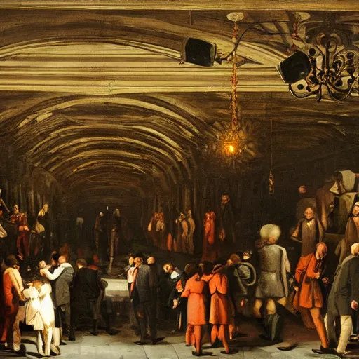 Image similar to underground tunnels inhabited by portly white men in suits and ties, computers, lights and switches, portal to another world, baroque oil painting