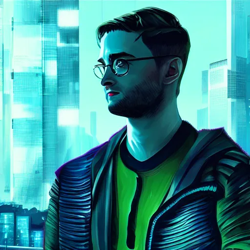 Image similar to cyberpunk daniel radcliffe as the leader of a futuristic communist nation, cybernetics, sharp lines, digital, artstation, colored in