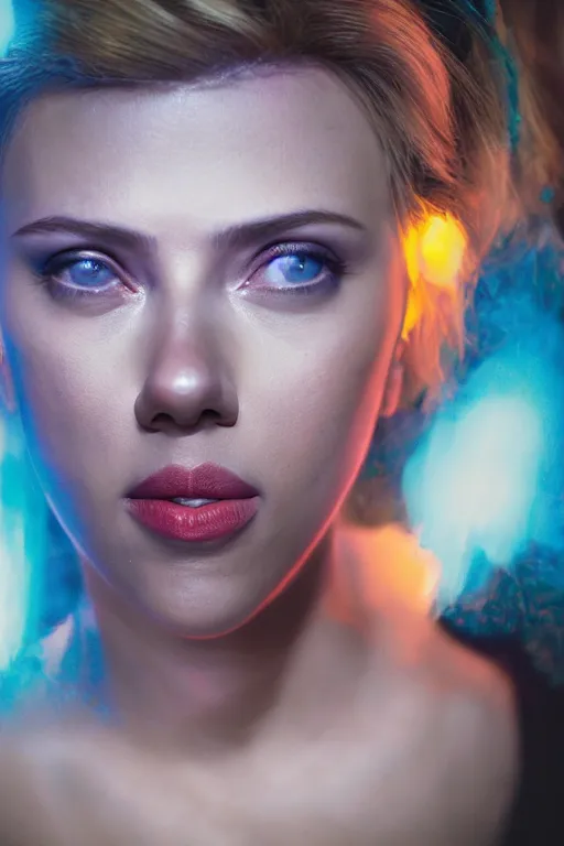 Image similar to portrait scarlett johansson masterpiece high fashion photography, bokeh, ready player one, scifi repair workshop, neon lights, james gurney, katsuhiro otomo, james paick, cinematic lighting, artstation, glowsticks, smoke, Craig Mullins, Greg Rutkowski, Pete Morbacher, Tuomas Korpi, tekkon kinreet, volumetric light, artstation, , octane render, redshift render, low angle camera by Edgar Maxence and Ross Tran and Michael Whelan, Legends of Runeterra