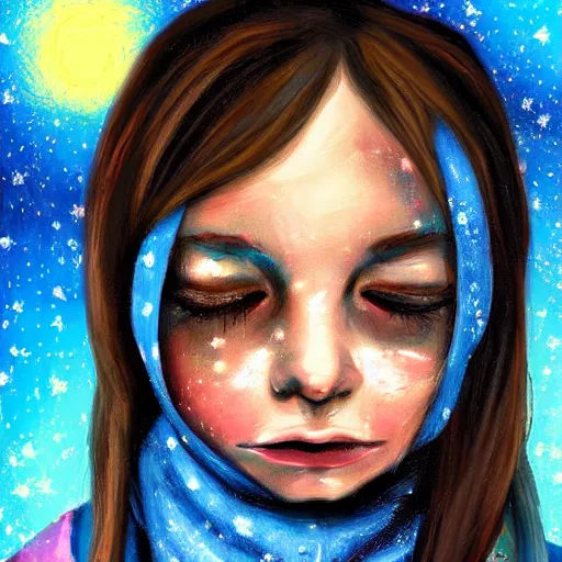 Prompt: a girl crying, stars in the sky, expressive oil painting, cold weather, digital art, by Josh Collins, emotional art