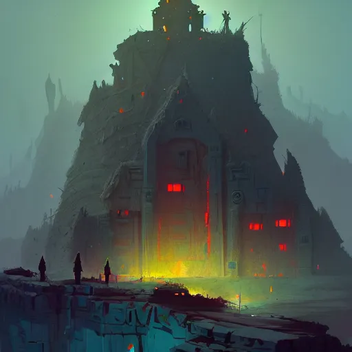 Image similar to concept art of a post - apocalypti ruined monastery at the top of a mountain, grimy, gritty, trending on artstation, award winning painting, cgi, art by anton fadeev and john howe and guy denning and filip hodas