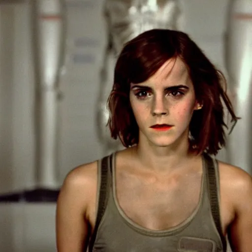 Image similar to film still of Emma Watson as Ripley in final scene scene in Alien 1979, 4k