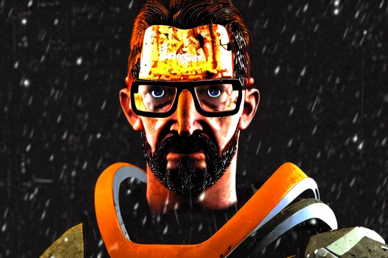 Prompt: photograph of gordon freeman in a damaged, scratched and worn down hev suit, night, rain, dense fog, dark room, cinematic, volumetric lighting, f 8 aperture, cinematic eastman 5 3 8 4 film, photorealistic