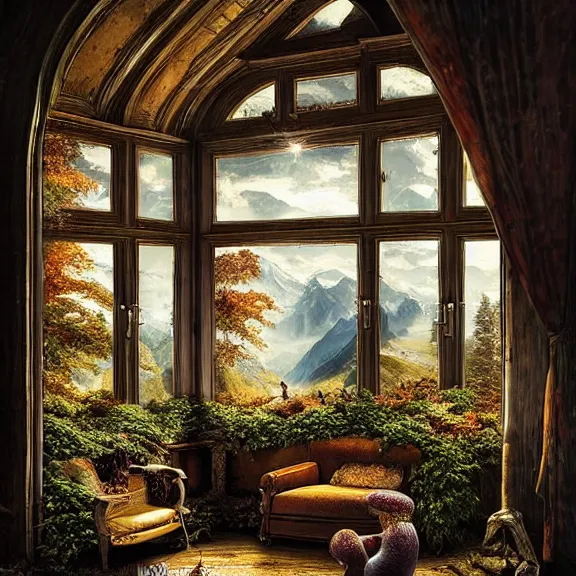 Image similar to fantastical living room with switzerland landscape in the window by marc adamus, beautiful dramatic lighting, overgrown with funghi, style by peter deligdisch, peterdraws