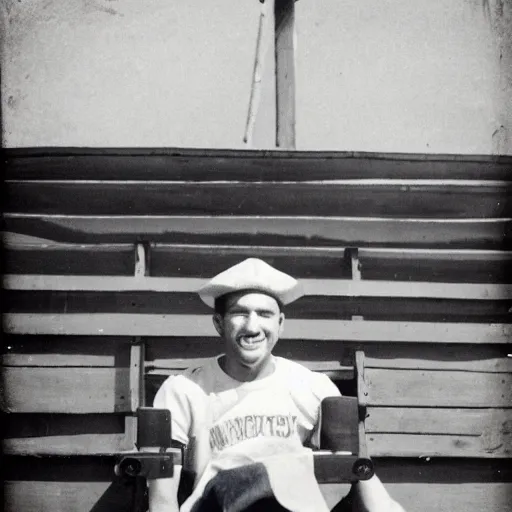 Prompt: upward photograph of a young man with a backward hat sitting on outdoor wooden bleachers next to a radio