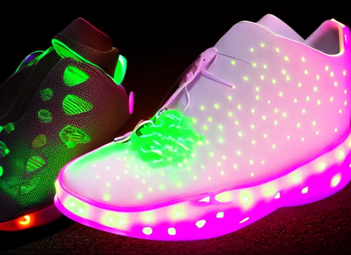 Prompt: generative design sneakers with led skin in the style of cyberdog, product shot, dynamic neon lighting