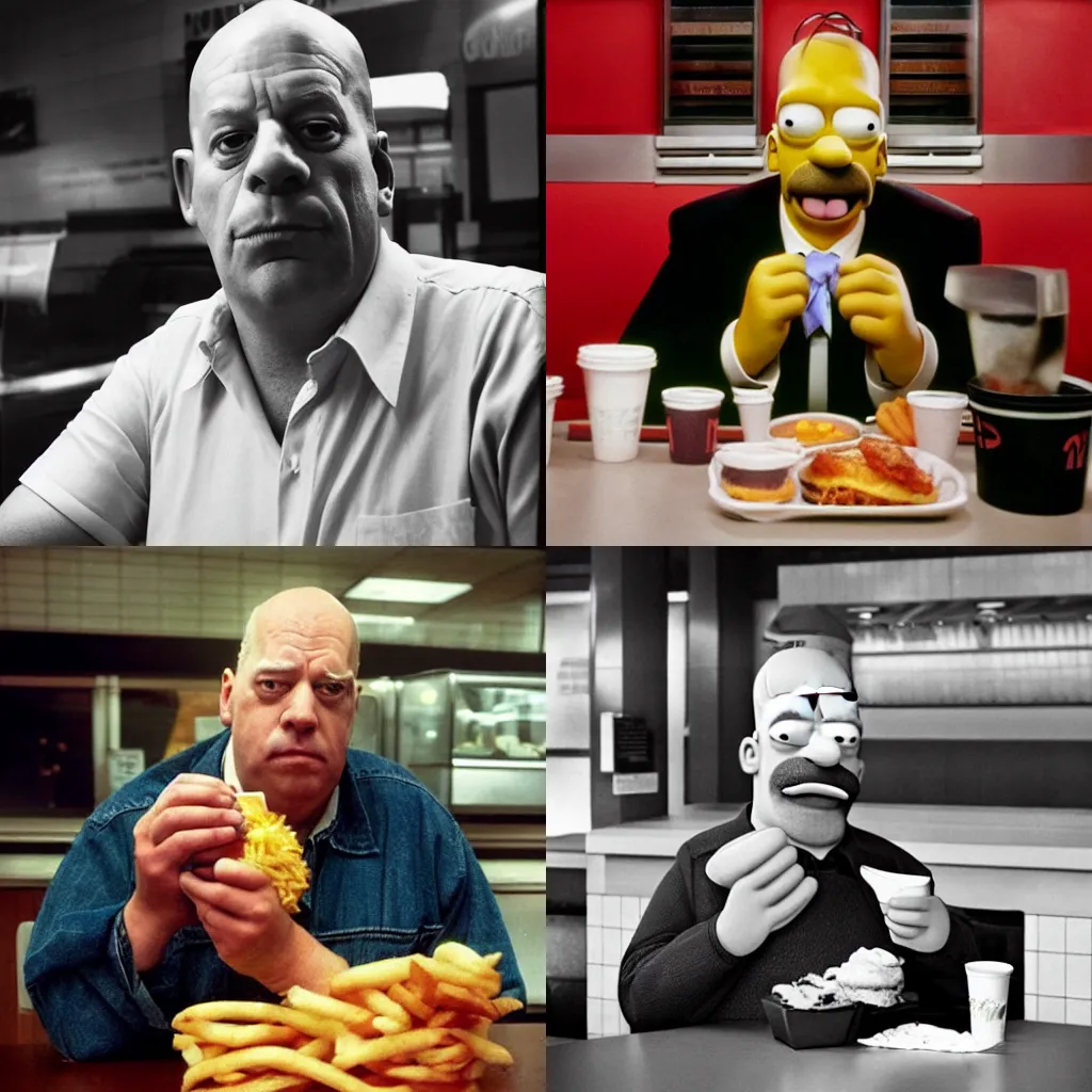 Prompt: Candid portrait photograph of Homer Simpson at McDonalds, taken by Annie Leibovitz