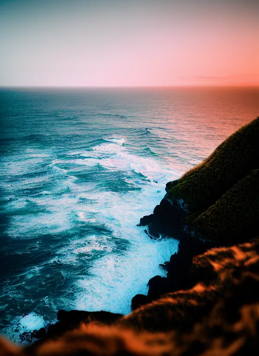 Image similar to a view of the ocean from a cliff, a tilt shift photo by liam wong, unsplash, naturalism, cinematic view, terragen, shot on 7 0 mm