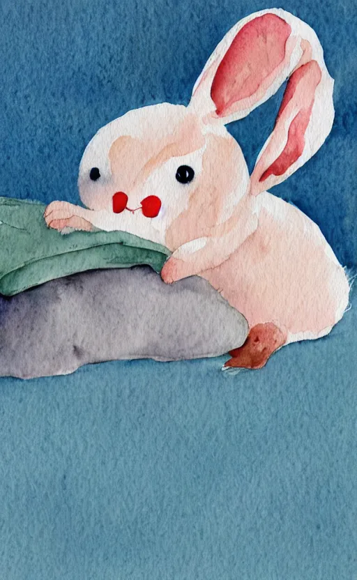 Prompt: watercolor illustration of a rabbit in pajamas falling asleep, tucked in bed