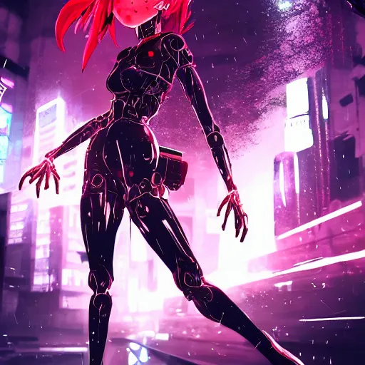 Image similar to digital cyberpunk anime!!, shattered cyborg - body, cyborg - girl in the style of arcane!!!, lightning, raining!!, water refractions!!, black red fade long hair!, biomechanical details, neon background lighting, reflections, wlop, ilya kuvshinov, artgerm