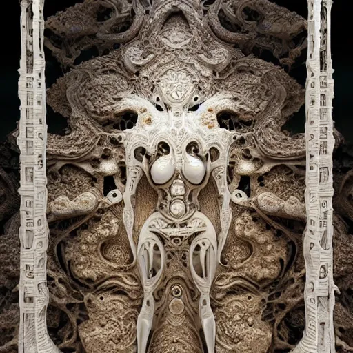 Image similar to A carved white marble female biomechanical sculpture, persian rug, mandelbulb 3D fractal, trending on artstation,subtle gold accents, beautifully lit, by zdzislaw beksinski, tsutomu nihei, peter mohrbacher, hyper detailed, insane, details, intricate, elite, ornate, elegant, luxury, dramatic lighting, CGsociety, hypermaximalist,golden ratio, environmental key art, octane render, weta digital, micro details, structure, ray trace, 4k, epic