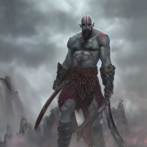 Image similar to Kratos, elden ring boss, matte painting, detailed, elden ring, oil on canvas