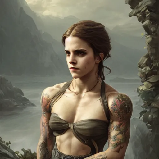 Prompt: portrait painting of a muscular emma watson, tattooed, ultra realistic, concept art, intricate details, eerie, highly detailed, photorealistic, octane render, 8 k, unreal engine. art by artgerm and greg rutkowski and alphonse mucha