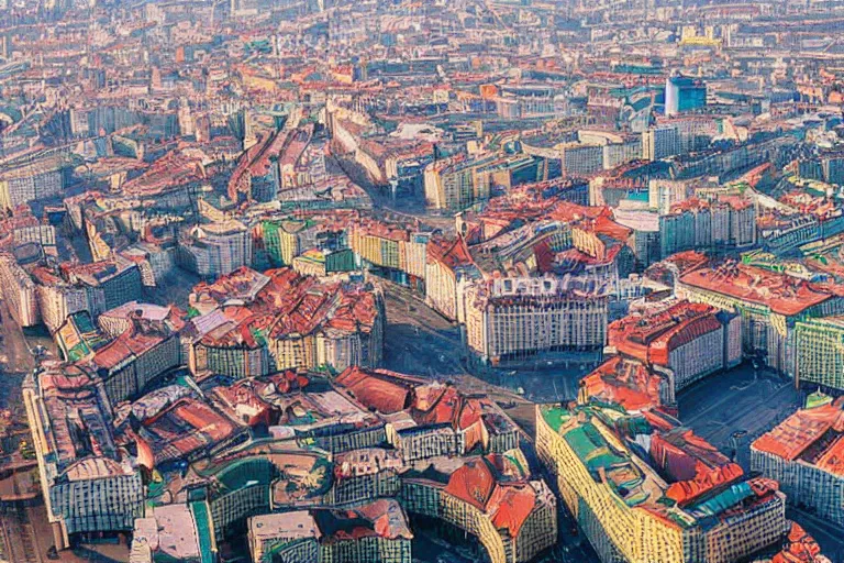 Image similar to bird's eye view photograph of a Russian city, no watermarks, extremely detailed photography