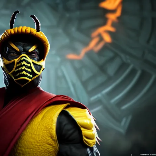 Image similar to Portrait of Donald Trump as Scorpion from Mortal Kombat 11, anger, mystery, fear, highly detailed, ominous vibe, smoke, octane render, cgsociety, artstation, trending on ArtStation, by Travis Sergio Diaz