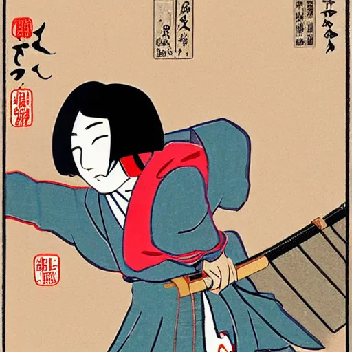 Image similar to Japanese schoolgirl runs away from Samurai with a katana on the subway by Toshio Saeki