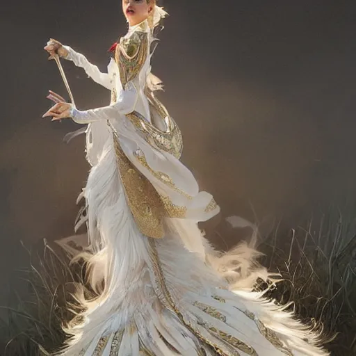 Image similar to a queen with a decorated dress made of white and cream plumes of swan, highly detailed, digital painting, Trending on artstation , HD quality, by artgerm and greg rutkowski and alphonse mucha, dramatic light, octane