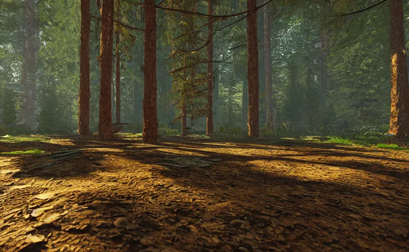 Image similar to photorealistic rust base in a forest. daylight. sunlight. lens flare. light fixtures. 8K. detailed. photorealism. artstation. 25mm f/1.7 ASPH Lens. ultra realistic