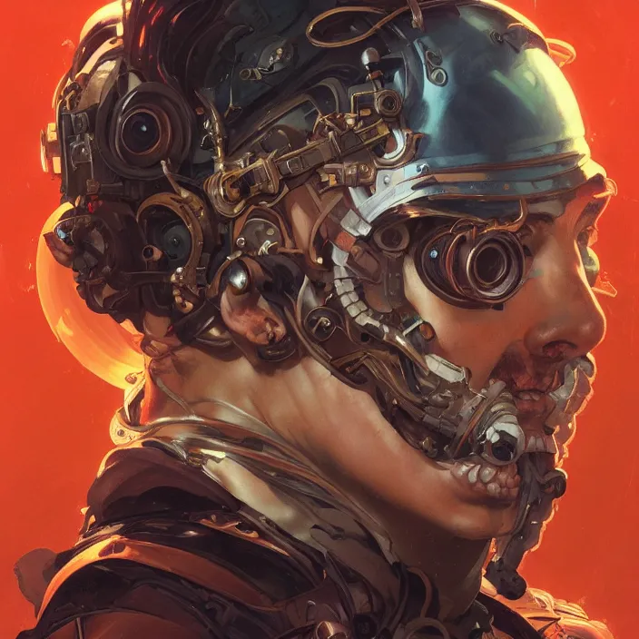 Image similar to a head and shoulders portrait of a space pirate, neon, retro, steampunk, smooth, sharp focus, intricate, artstation, detailed concept art by Caravaggio and Greg rutkowski and Sachin Teng and Thomas Kindkade and Alphonse Mucha and Norman Rockwell and Tom Bagshaw