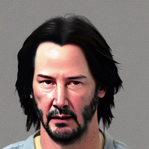 Prompt: a photo of an arrest mugshot of keanu reeves after being arrested, holding a sign with random numbers, 8 k resolution, photorealistic