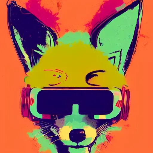 Prompt: illustration of cyberpunk fox in vr helmet, colorful splatters, by andy warhol and by zac retz and by kezie demessance