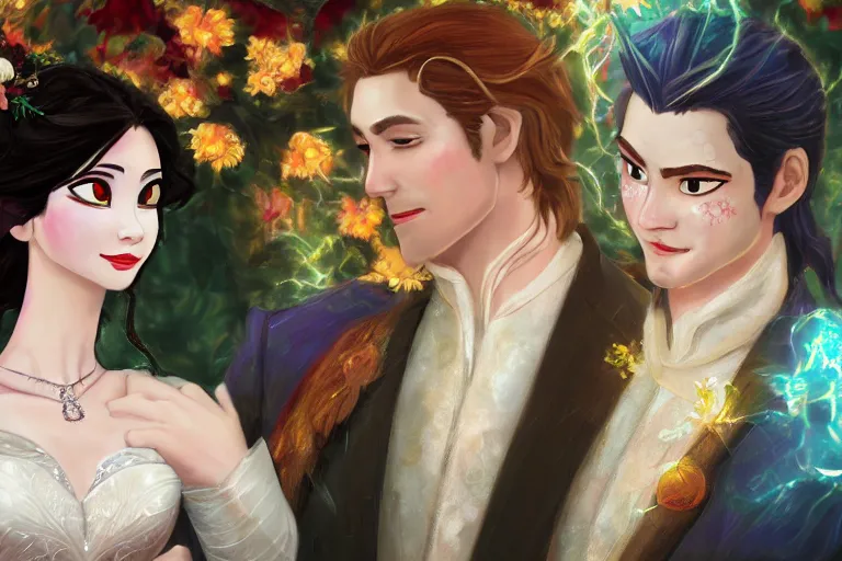 Image similar to a cinematic portrait of wedding photograph jpeg close up moment of a divine a japan sun god and moon goddess lovers magician at a wedding banquet. portraiture. digital painting. artstation. concept art. wedding photo. illustration. frozen ii art masterpiece by art by krenz cushart