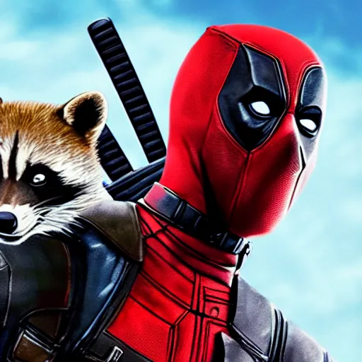 Image similar to deadpool and rocket raccoon together digital art 4 k detailed super realistic